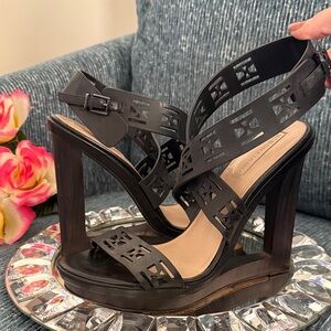 BCBG Black Wedge Sandal Wooden Wedge with Laser Cut Detail on Straps